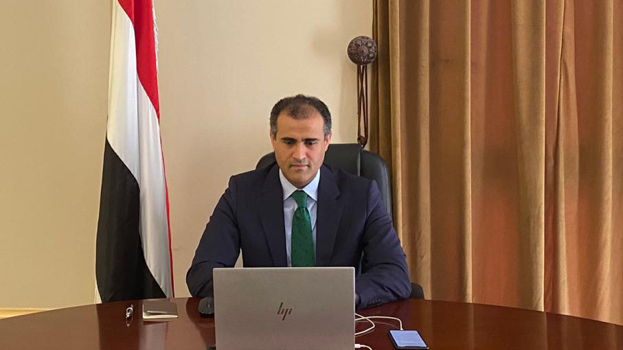 وزير الخارجية محمد الحضرمي يشارك في الدورة غير العادية لمجلس جامعة الدول العربية المنعقدة عبر تقنية الاتصال المرئي