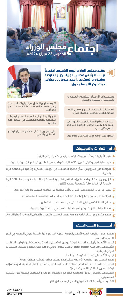إنفوجرافيك || ملخص لأهم القرارات والتوجيهات والمواقف الصادرة اليوم الخميس عن اجتماع ‎مجلس الوزراء برئاسة دولة ‎رئيس الوزراء وزير الخارجية وشؤون المغتربين الدكتور أحمد عوض بن مبارك في العاصمة المؤقتة ‎